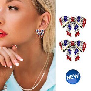 American USA Flag Red White Blue Rhinestone Patriotic Bow Earrings NEW